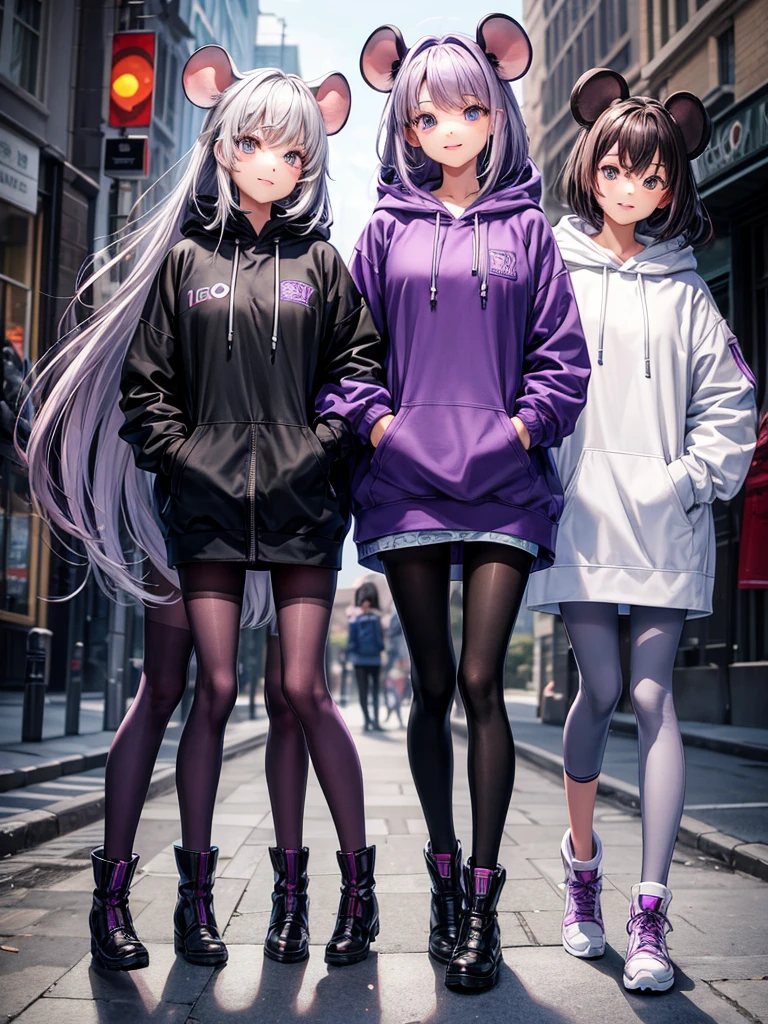 Best Quality.smile,middle School girls,A hoodie with a mouse-gray zipper,Purple hair color,beautiful,Hands in pockets,Standing posture,Wearing long boots,tights,I'm horny,She has her bangs down,Flawless,masterpiece,Wearing a hood,Wearing earphones in your ears,Big Breasts,Latest Fashion,Wearing black leather shorts,Has hairpins in her hair,