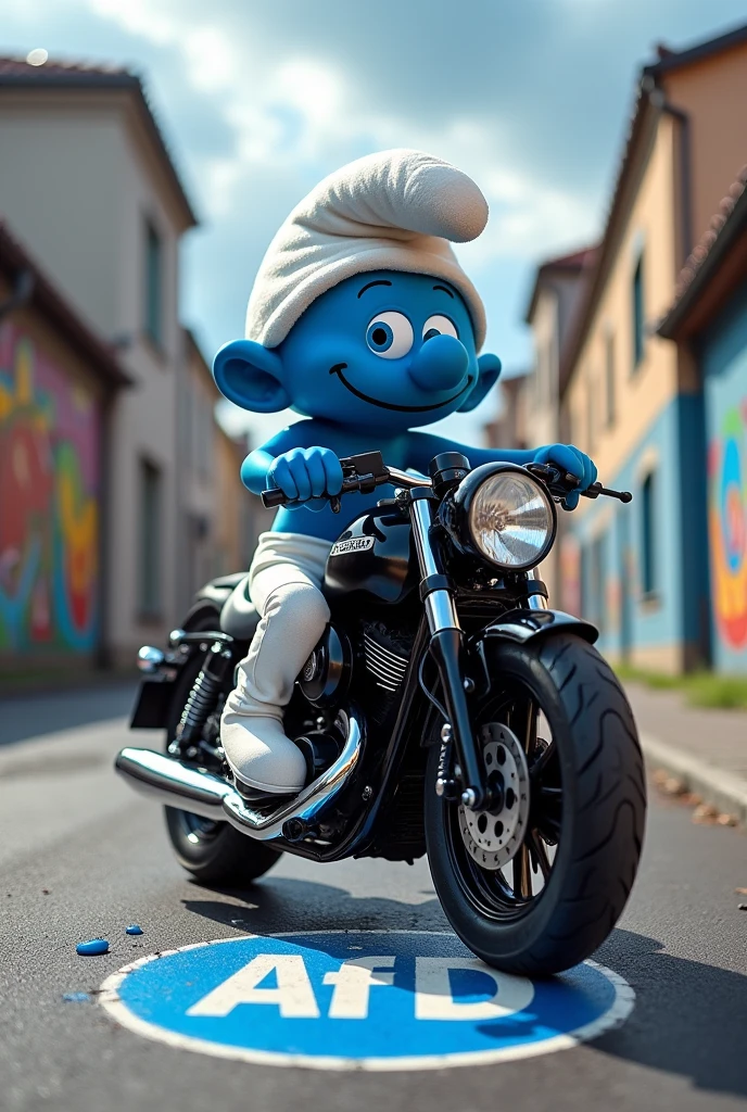 A Smurf, who is sitting on a motorcycle and vomiting on the AfD logo