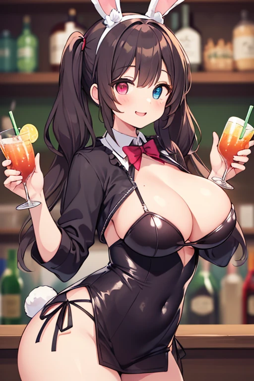 (masterpiece, top quality, detailed drawing, beautiful hair, beautiful eyes, perfect face, perfect anatomy), crowded bar, short twin tails hair, black hair, very baby face, droopy eyes, heterochromia, pink eye, orange eye, (very huge breasts), height 145cm, 13 year old girl wearing big bunny ears, smiling and carrying drinks wearing big bunny ears and a (((super very sexy minimum bunny-girl outfit))), smiling and serving drinks