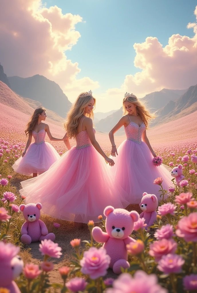 A landscape of princesses
With flowers and pink teddy bears