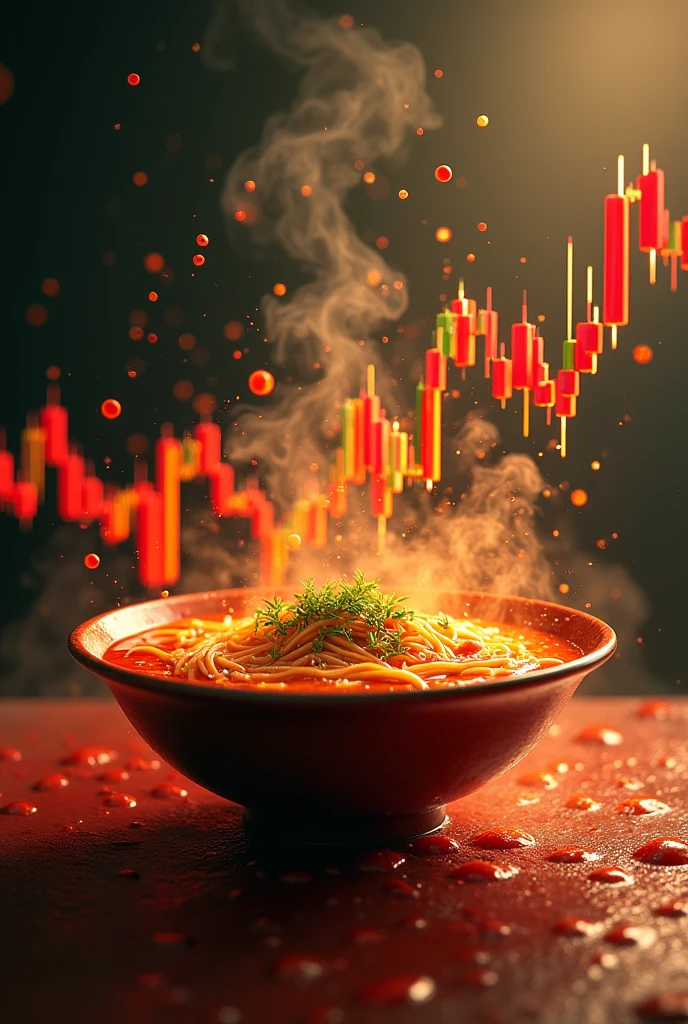 Can you create the modern 3d forex chart trading with three line of 3D moving average line indicators. chart against red and green candlesticks, Chart and moving average line ejaculate break out from inside very spicy soup noddle bowl and fly up soar above bowl. Graph and moving average make soup splashing from blow. Focus on 3D forex chart and 3Dmoving average line.