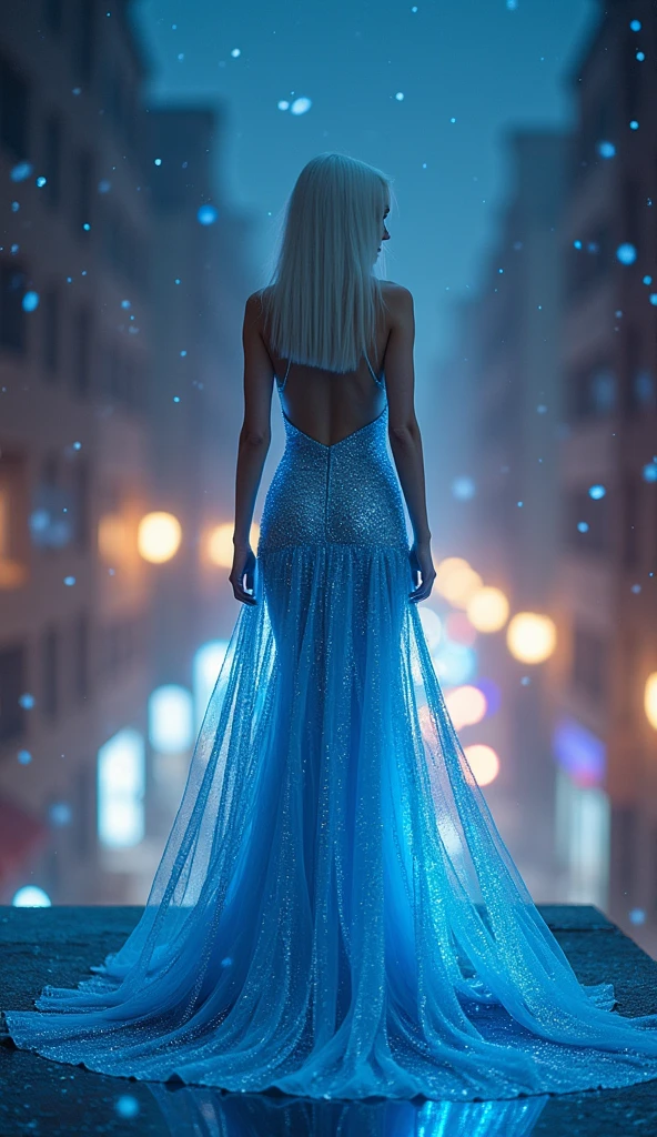 a beautiful Caucasian Korean giant-extra-super-fantastic-gigantic breasted pretty young female with Elsa from Frozen style standing alone on the rooftop building room, in the dark night, detailed elegant face with detailed flawless make-up, straight white hair Elsa style, wearing blue chrome holographic glossy luxury dress Elsa style, wearing 40cm high heels, long legs, tall body posture, walks movement in a middle empty street alley of city, beautiful and graceful and dazzling with flawless bold makeup, backlite, bokeh, snow, perfect ???????, hyper realistic, HD 26K
