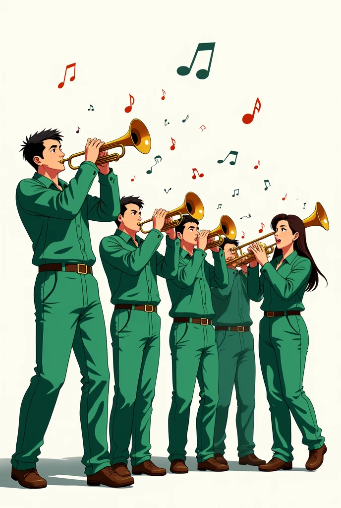 Men and women wearing green long-sleeved casual cool jumpsuits playing trumpet and trombone in anime style, background is white
