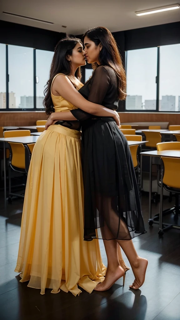 A 25 year old man hugging and kissing A 25 year old beautiful South Indian plus sized golden colour chiffon under skirt and black colour chiffon blouse wearing women in class room, full body image, photo taken from distance