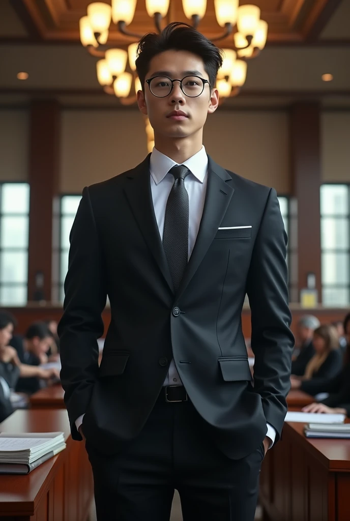 Exo's Park Chanyeol as a lawyer, wearing a suit and tie, preferably with dark hair and wearing glasses
