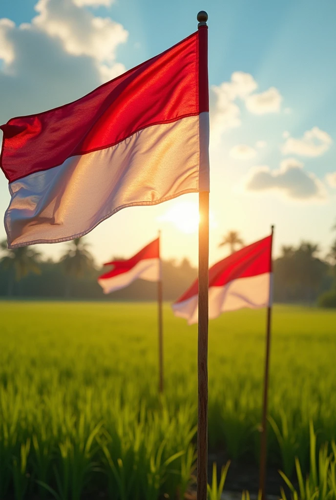 (photorealism: 1.2), sticks and Indonesian flags flying