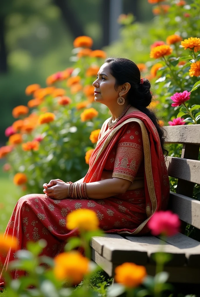 1girl, matured indian female, photo, realistic, best quality, sitting on bench of a graden,lonely, flowers in garden, she is feeling lonely in a beautiful garden.