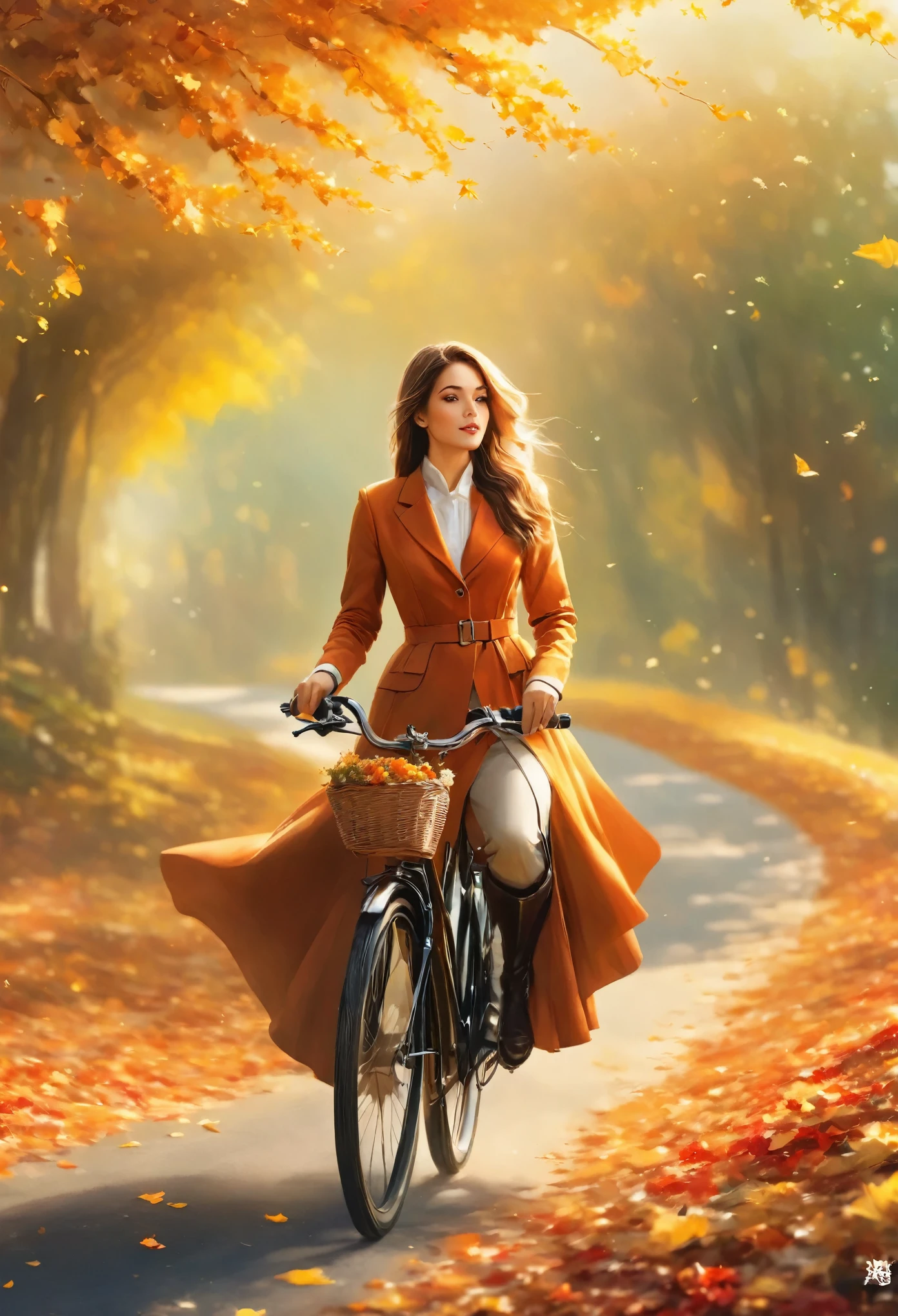 Creating award-winning, Ultra-realistic, Surreal landscape images，Depicts a very beautiful female rider riding gracefully through a peaceful autumn setting. Scene set in daylight, Warm sunlight streams through the golden autumn leaves, orange, and red, Casting Soft, The entire landscape radiates a dazzling glow. She rides on a road full of fallen leaves，Creaking sound from under the bicycle, More and more leaves gently fall from the trees, Creating a magical, Almost dreamlike atmosphere. cyclist, With an expression of peace and contentment, Blending with the natural environment, Her movements are smooth and elegant，Gliding through the serene environment. Landscape stretches to the distance, Rolling hills and colorful trees form a stunning backdrop，Enhances the serenity of the scene. The overall atmosphere is one of serene beauty and tranquility, Crisp, The cool air of autumn is almost tangible，The scene captures the perfect harmony between human beings and the breathtaking beauty of nature, Everything is bright, The clear sky is filled with the rich colors of the season."，Small flowers,Sunset,End,photography