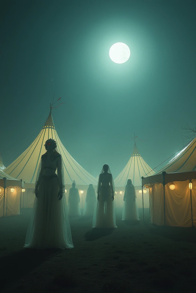 A deserted circus with tents made of translucent fabric, softly glowing under a pale moon. The performers are frozen in time, their mechanical bodies illuminated by the soft, flickering light. The atmosphere is both whimsical and melancholic, as if the circus exists in a forgotten memory