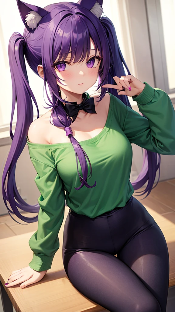 catgirl with purple pigtails and purple eyes and she is wearing green shirt and black pants she got a