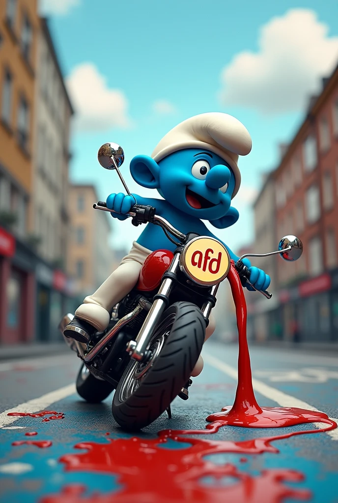 A Smurf, who is sitting on a motorcycle and vomiting on the side onto the AfD logo