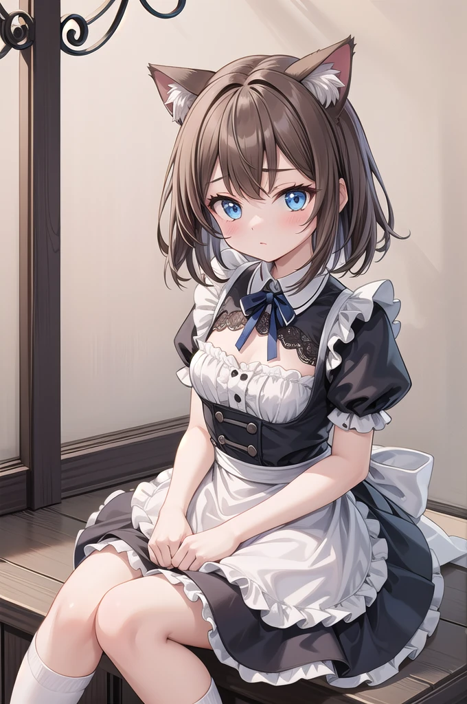 Solo Girl, 20-year-old,Medium Hair, Light brown hair, Mid-chest, highest quality, High resolution, Very detailed, Detailed Background, Perfect lighting、Extreme maid outfit、very cute, Blue eyes, a pair of cat ears, Blush, white silk socks, lace, stand
