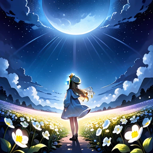 ((best quality)), ((masterpiece)), (detailed), 1girl, In the moonlight、A girl wearing a crown of evening primroses on her head、Looking up at the night sky。A group of evening primroses surround the girl.、A fantastic space spreads out。An illustration、pastel colour、Dreamy atmosphere