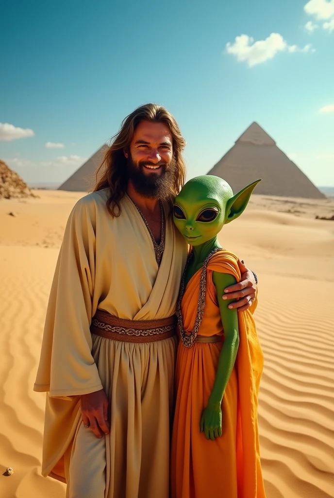 A man Jesus Christ taking a selfie with an alien in the desert in Egypt , high portrait, Grinning 