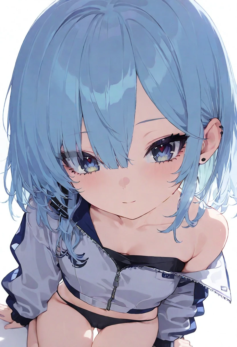 (muste piece), (best quality), (score_9, score_8_up, score_7_up), very detailed eyes, expressive eyes, perfect face, very detailed face, highly detailed face, beautiful girl, 8K, beautiful girl, white background, delicate and beautiful face and eyes, dark intense shadow,
1girl, vtuber style, tomboy, hololive, vtuber, Hoshimachi Suisei, medium hair, blue hair, blue eyes, sharp eyes, medium hair, small chest, soft chest, cleavage, clavicle, cameltoe, bare shoulders, bare arms, off the shoulders, white jacket, unzipped jacket, bare thighs, light smile, body visible through clothes, chest visible through clothes, ass visible through thighs, (full body), sitting, from above,