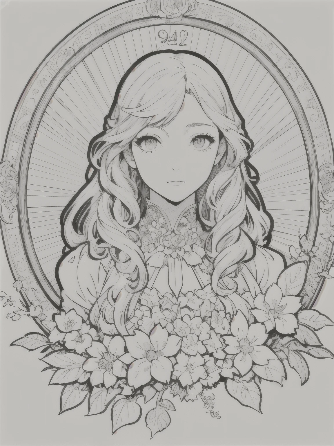 European woman face portrait、Long Curly Hair、blonde、Floral frame、Decorative panel、Abstract Art of Alphonse Mucha、sketch、Character Line、Scenes without color or shadows。 (masterpiece、Highest quality、High resolution:1.4)、detailed、複雑なdetailed、4K、Splashes of color、Line art、Fibonacci、