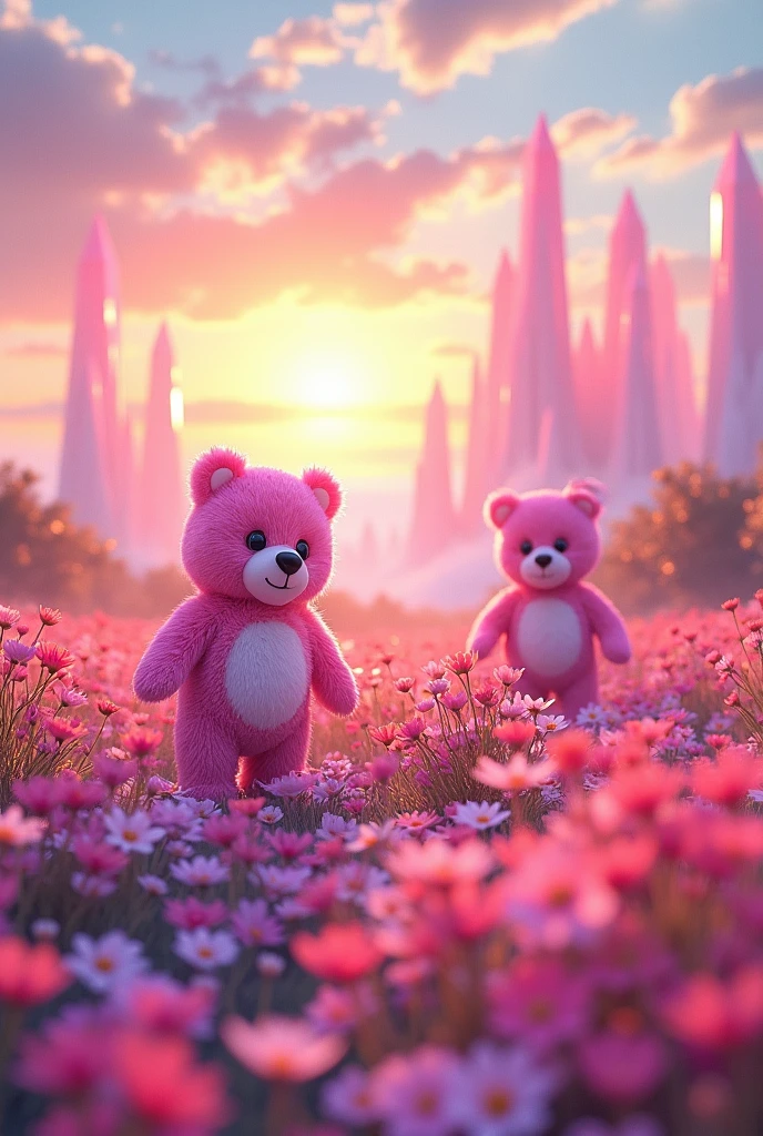 A princess world landscape, somewhat futuristic
With flowers and pink teddy bears