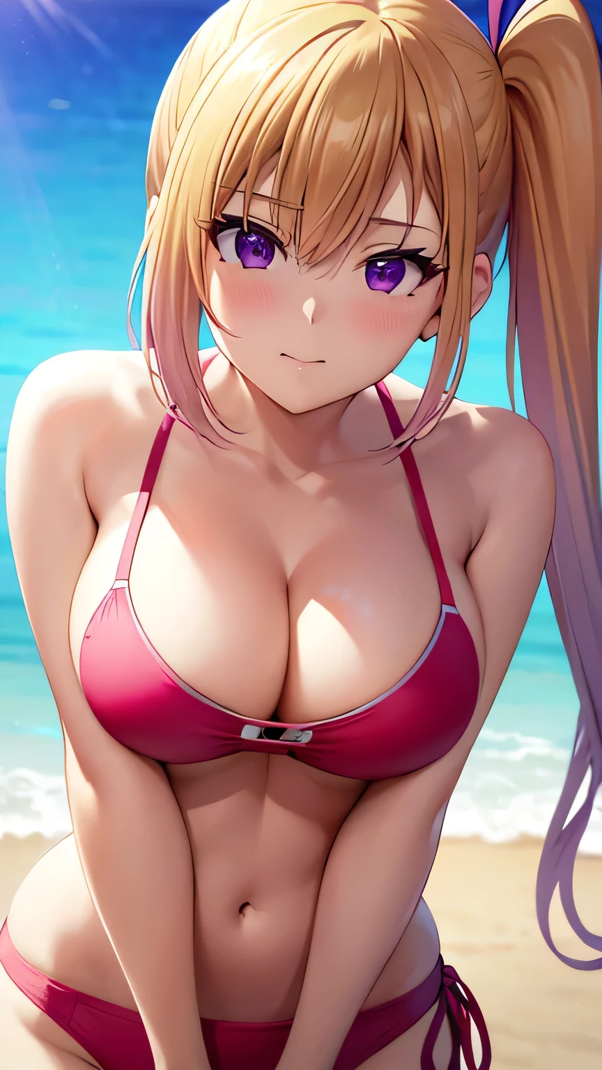 Perfect composition,masterpiece, (Highest quality), Adult women, bionde, Hair length, Side Ponytail, Purple eyes,sweater, skirt,Huge Cleavage,Sexy woman, Embarrassing,blush, Bright colors,,Natural soft light,RTTX 10.0, (Detailed face:1.2), Showcase, (Perfect Eyes:1.1) ,(Photorealistic:1.1), 8k Ultra HD, Look at the viewers, Seaside, beach, Simple Background,(Cleavage:1.4),Tremendously large bust,Huge bust,(throw,Close-up shot:1.2),From the top of the head to the waist,Bright red swimsuit,