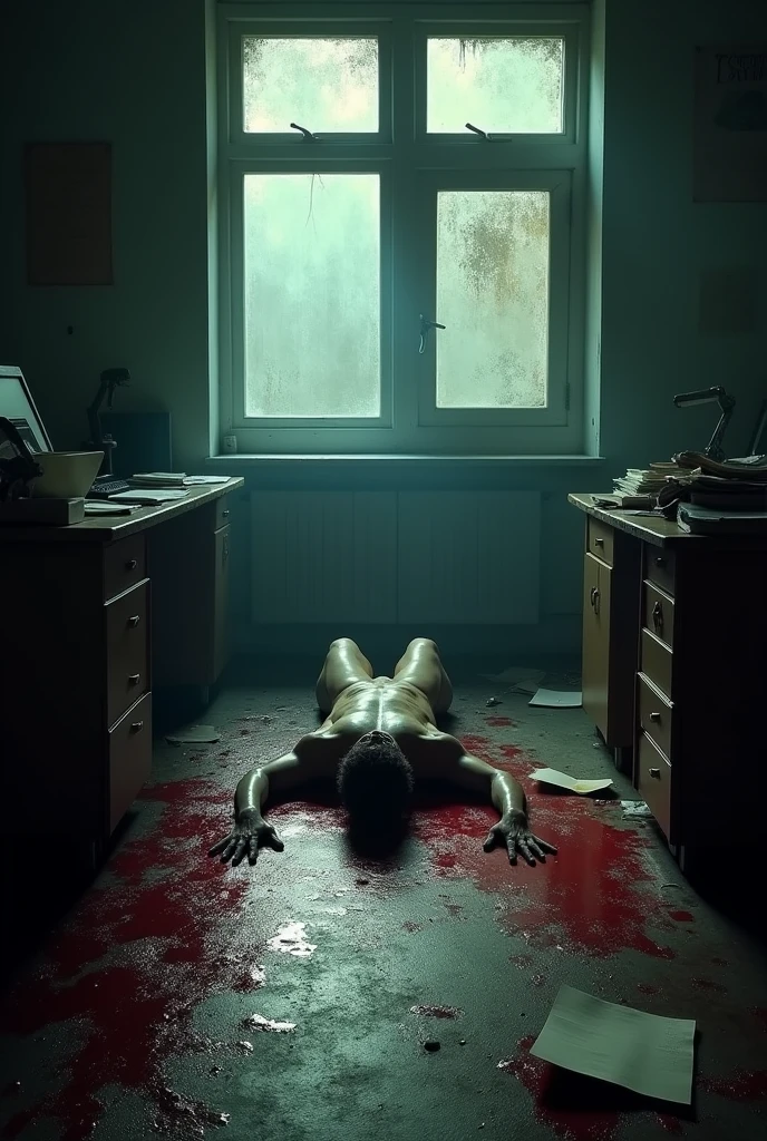 Dark empty office room with a silhouette of a man naked on the floor along with blood