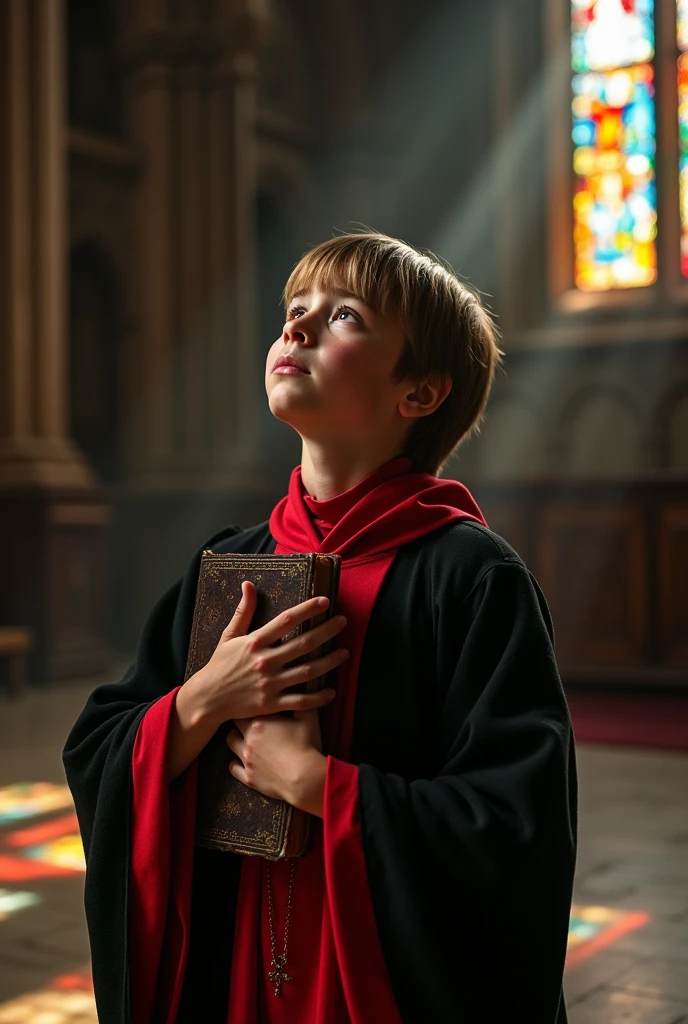 straight hair boy, wearing black and red, using the clothes of Saint Thomas Aquinas, holding a Bible, crying out to God