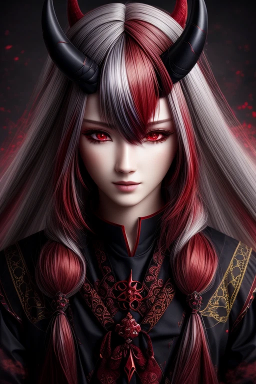 8k, Highest quality, View your viewers, Intricate details,One person, Nakiri Ayame, Demon Horns, Multicolored Hair, Long Hair, Red eyes, Gray Hair,