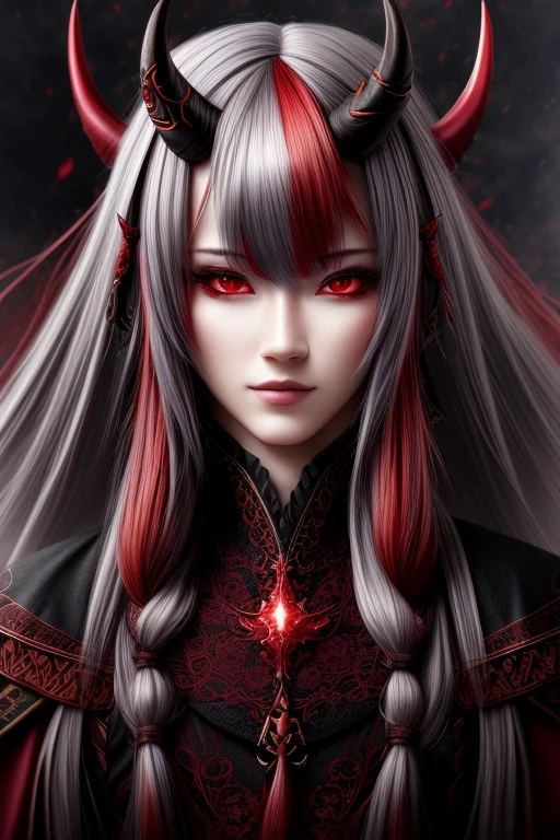 8k, Highest quality, View your viewers, Intricate details,One person, Nakiri Ayame, Demon Horns, Multicolored Hair, Long Hair, Red eyes, Gray Hair,