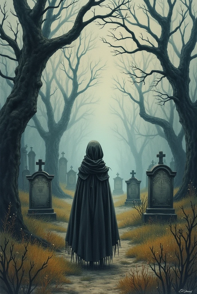 A frightening painting of a graveyard of dolls.
A complex water colour painting depicting a figure standing in front of the graveyard. The region is rich with vegetation. The graveyard is highlighted along with the human figure standing with her back to the audience. The atmosphere is grim and scary.