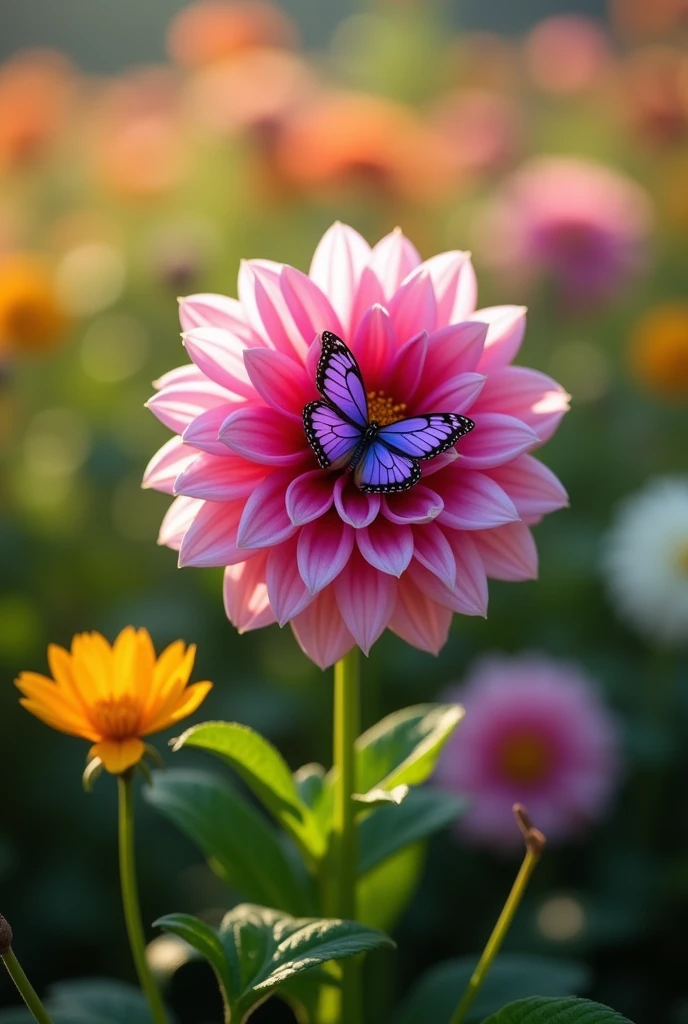 There is a dahlia flower. A purple butterfly is sitting inside this flower, its petals are colourful and all the flowers are visible in the background. The colour of the dahlia flower is pink and its leaves are green.