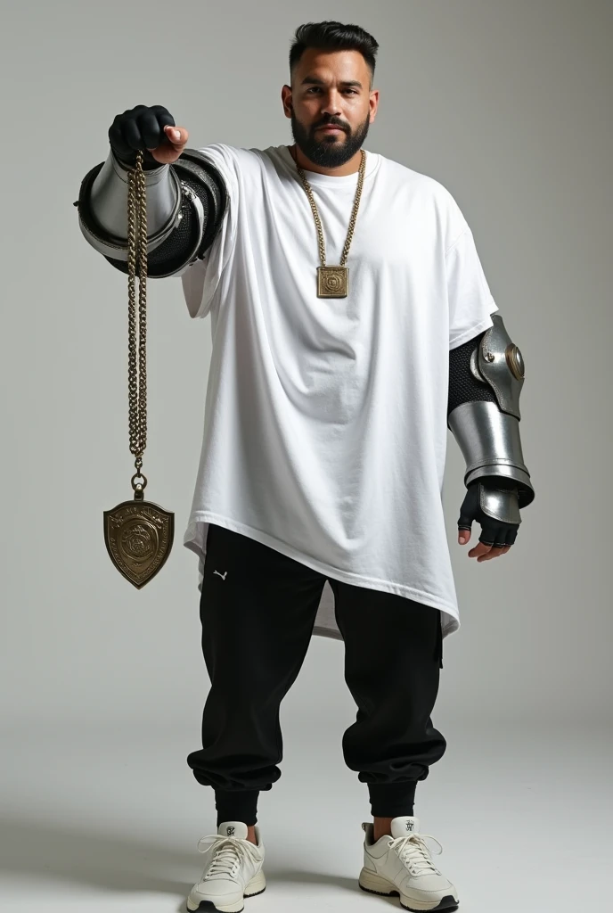 A knight is wearing a white oversized shirt, extending his hand and showing a medallion to the front. He is holding the medallion with his fist, gripping the chain that holds it. The knight is only wearing armor on his gauntlets. The rest of him is wearing black athletic joggers, white Nike sneakers, and an oversized sleeveless shirt.