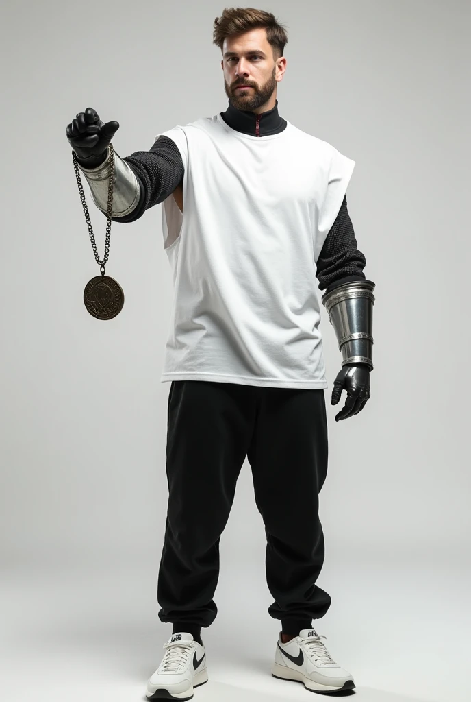 A knight is wearing a white oversized shirt, extending his hand and showing a medallion to the front. He is holding the medallion with his fist, gripping the chain that holds it. The knight is only wearing armor on his gauntlets. The rest of him is wearing black athletic joggers, white Nike sneakers, and an oversized sleeveless shirt.