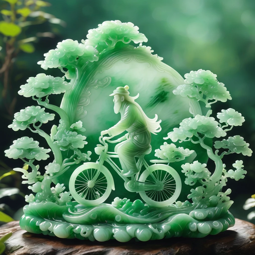 best quality, very good, 16K, ridiculous, Very detailed, Riding a Bicycle,Made of translucent jadeite, Background mountain top((A masterpiece full of fantasy elements))), ((best quality)), ((Intricate details))(8K)