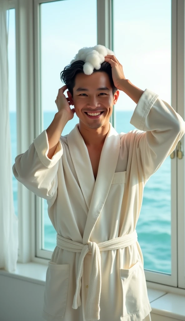 Create a handsome Asian man,Beautiful big eyes,Wearing a white satin bathrobe,Scratching the scalp with both hands,Two hands washing hair on top of head,头上有很多Realistic foam,Foam wrap head,Realistic foam,The expression is happy,front,The characters are realistic and realistic,Sea view room background,Character front position,9:16 frames,Ultra-high-definition picture quality