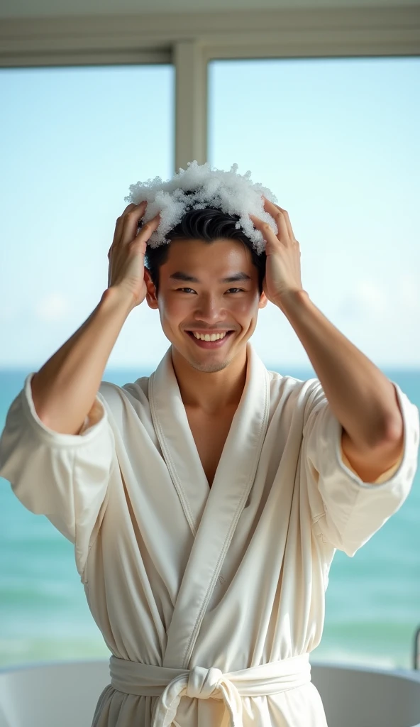 Create a handsome Asian man,Beautiful big eyes,Wearing a white satin bathrobe,Scratching the scalp with both hands,Two hands washing hair on top of head,头上有很多Realistic foam,Foam wrap head,Realistic foam,The expression is happy,front,The characters are realistic and realistic,Sea view room background,Character front position,9:16 frames,Ultra-high-definition picture quality