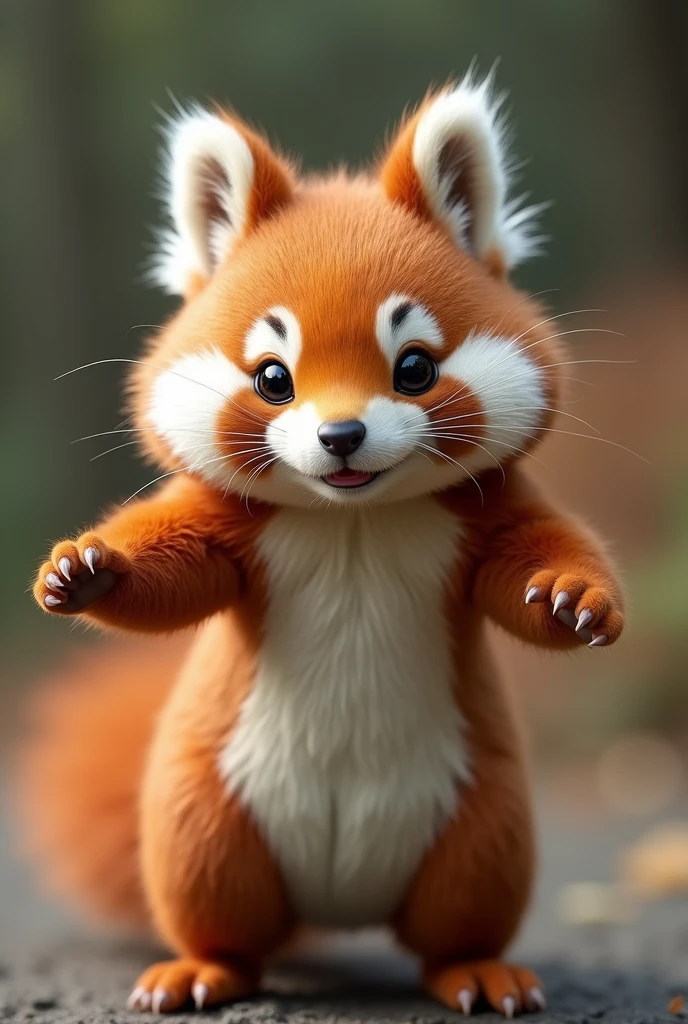 An adorable and determined anthropomorphic Hokkaido squirrel, He is watching the viewer、Standing Up、With hands up、Elbows are extended、Spreading palms、The lesser panda is striking a threatening pose., The Hokkaido squirrel's fur is fluffy and well-groomed., Add an engaging element to your intense training sessions. 8k resolution,