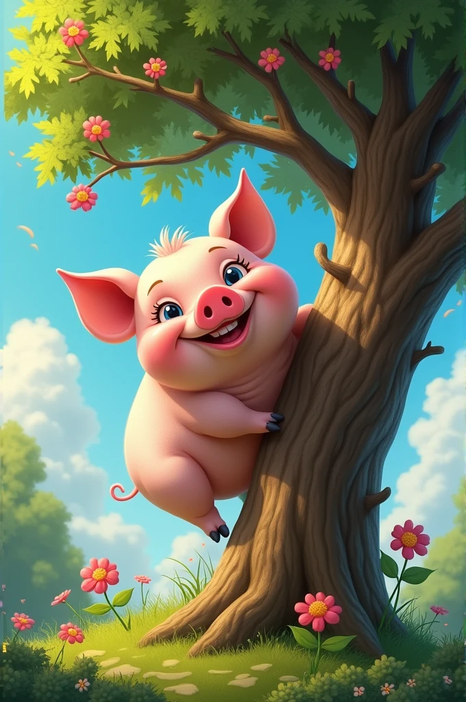 A pig is in a tree.