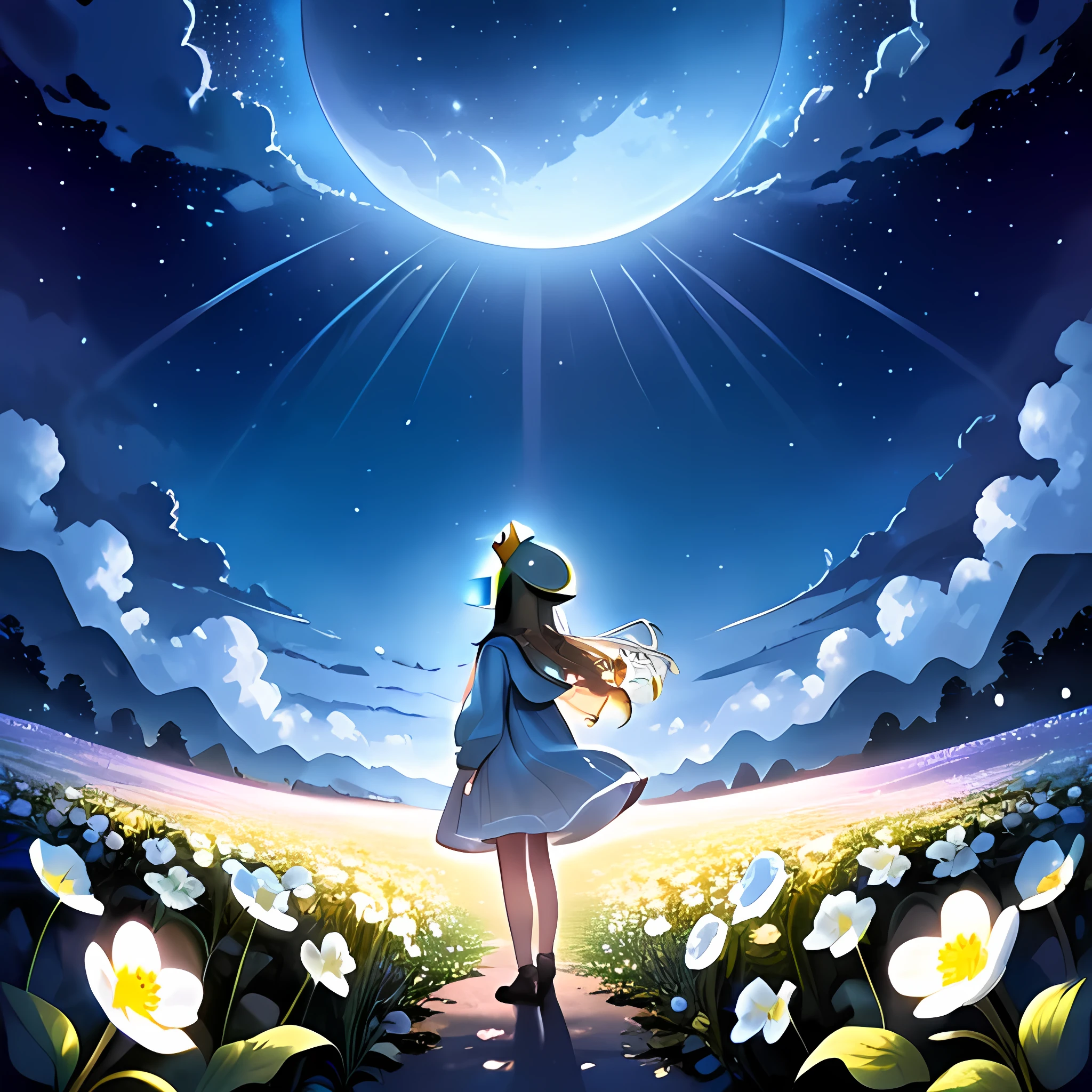 ((best quality)), ((masterpiece)), (detailed), 1girl, In the moonlight、A girl wearing a crown of evening primroses on her head、Looking up at the night sky。A group of evening primroses surround the girl.、A fantastic space spreads out。An illustration、pastel colour、Dreamy atmosphere