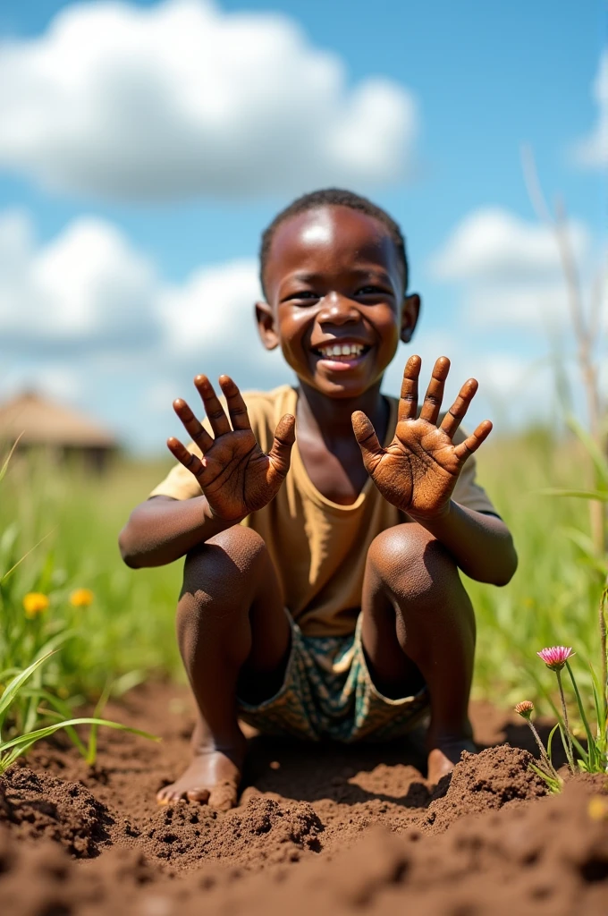 Create an image of an african child playing with mud
