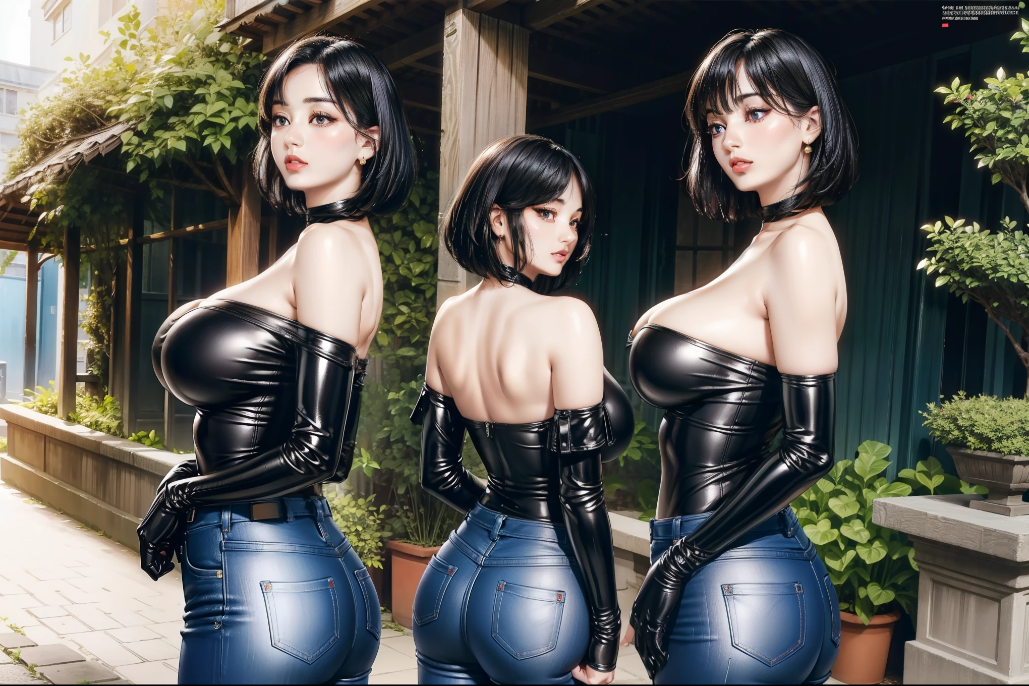 2 slim woman with big breasts wearing a very tight pvc off-shoulder wonderbra, pvc black jeans, standing in an alley, (best quality, 4k, 8k, high resolution, masterpiece: 1.2), ultra detailed, (realistic, photorealistic, photo-realistic: 1.37), vivid colors, beautiful detailed eyes, beautiful detailed lips, extremely detailed eyes and face, long eyelashes, long bob cut hair, portrait. beautiful rear butt view