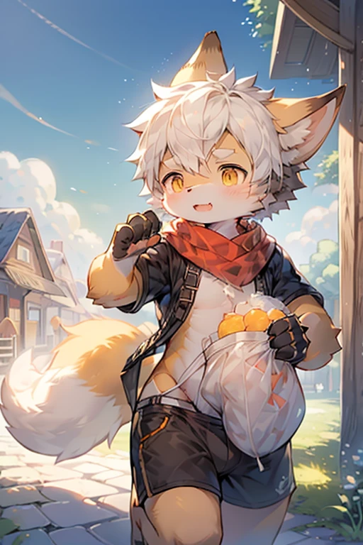 Fox Boy,Hairy boy,Babies and features,Black and white hair,Yellow skin,White Arm,scarf,shorts,Fox Boy,Hairy boy,Men and characteristics,,Cellulite,diaper,eye contact,running,Town Park Background,Golden Eyes