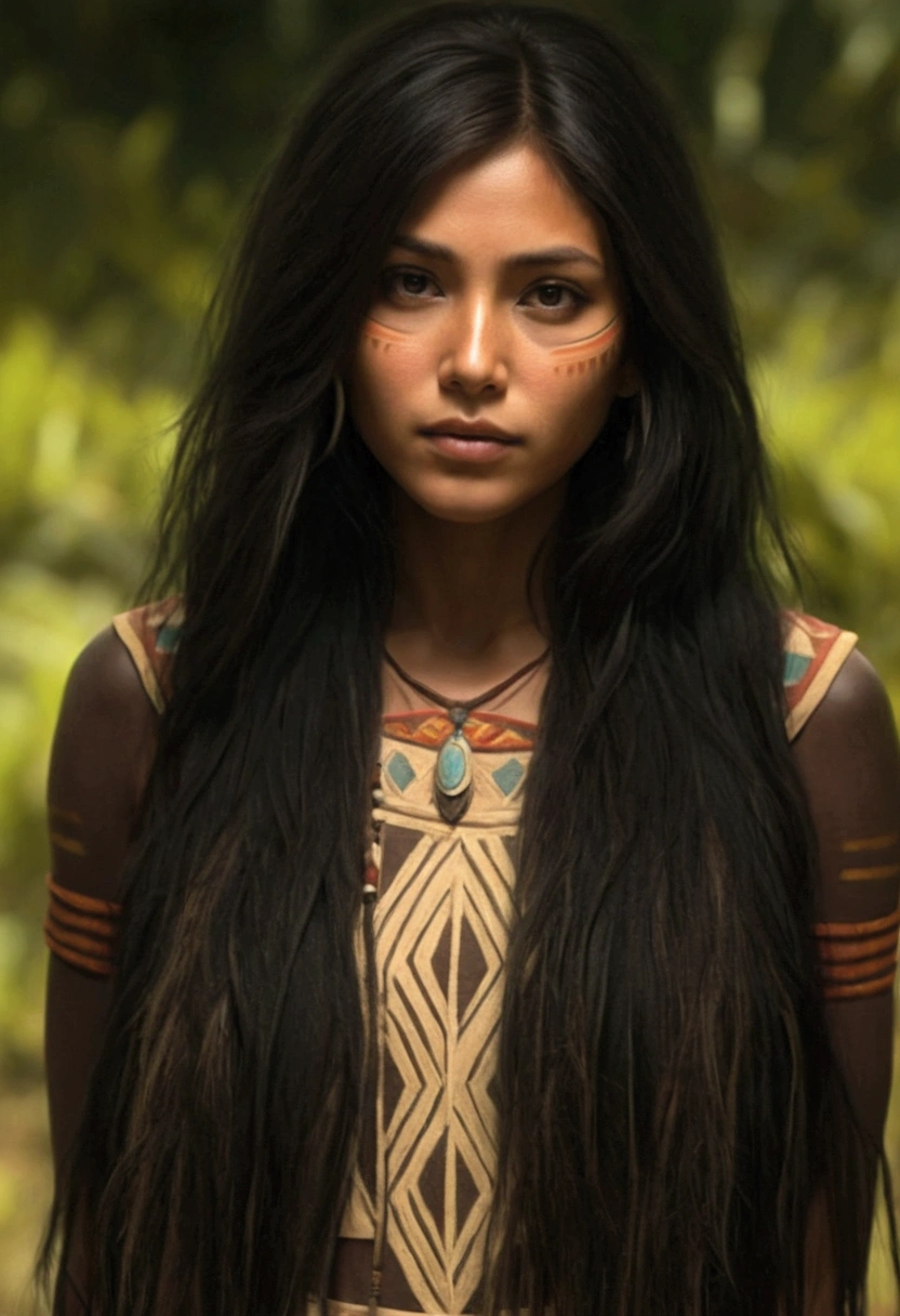 Woman  masterpiece, best quality, ultra-detailed, best shadow),(western style:0.5), (realistic:1.2), analog style, (fibonacci), (detailed background, native american, tupi, tents, tribe, Amazon, looking at，whole body