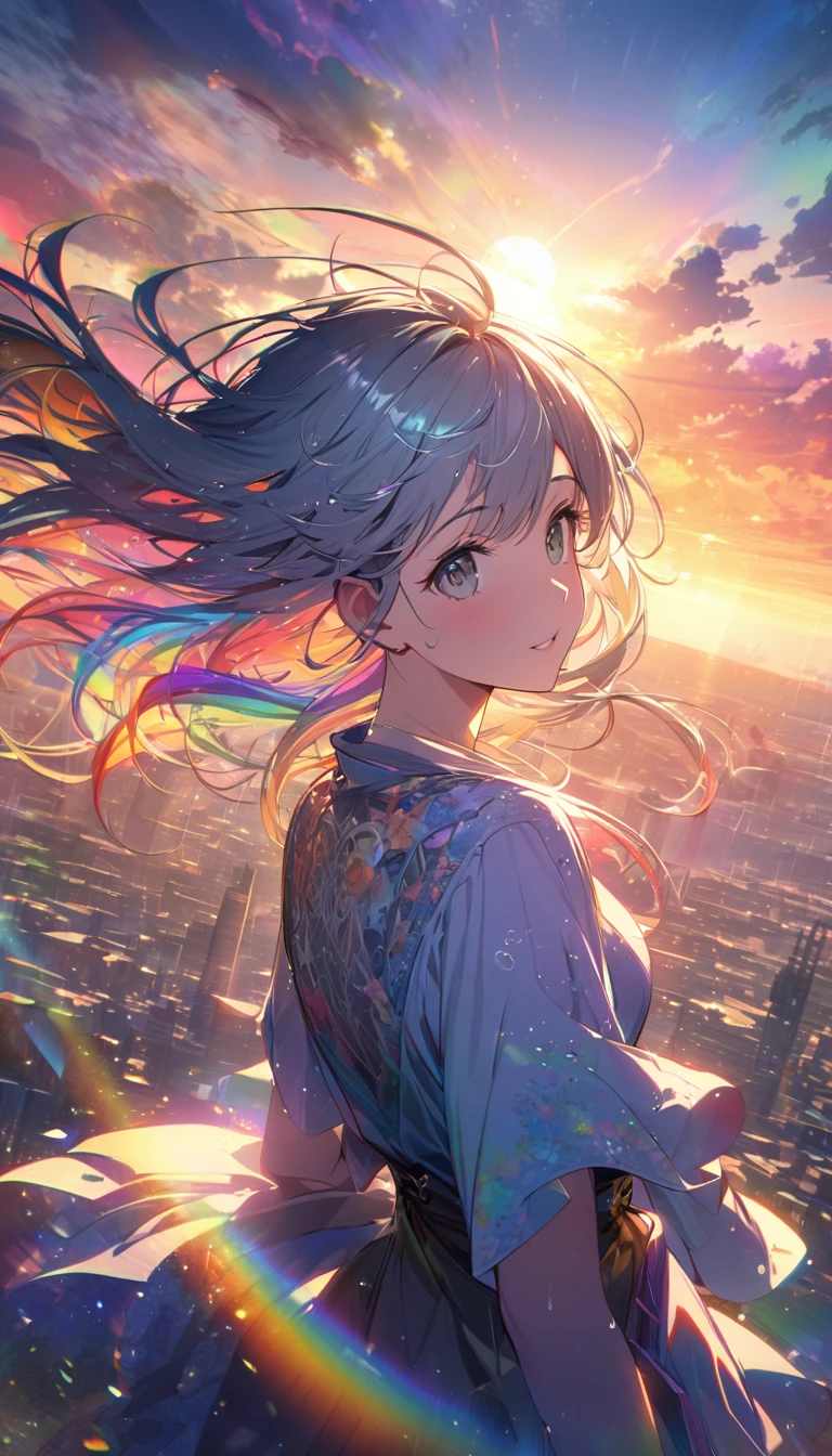 Create exquisite illustrations reminiscent of Makoto Shinkai's style, It has ultra-fine details and top-notch quality. Angelic, detailed woman, sunrise, rainbow, after the rain, horizon, in the sky, city , lens flare, colorful, high-res, 8K