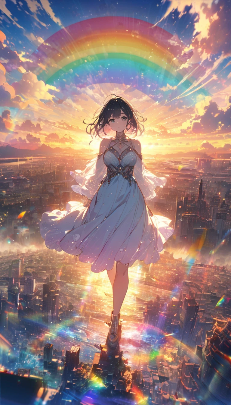 Create exquisite illustrations reminiscent of Makoto Shinkai's style, It has ultra-fine details and top-notch quality. Angelic, detailed woman, sunrise, rainbow, after the rain, horizon, in the sky, city , lens flare, colorful, high-res, 8K