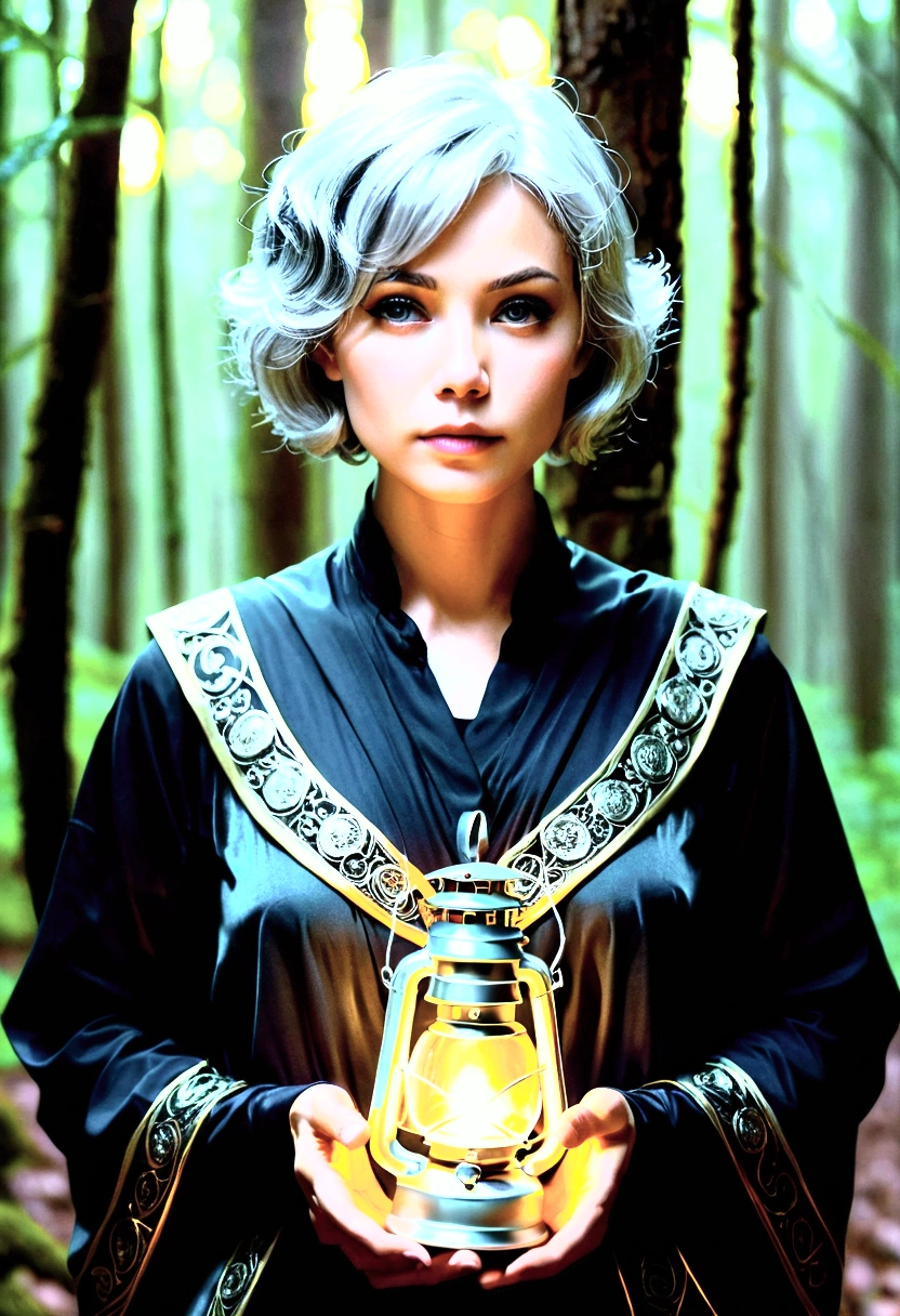 Nel,Mythological Gods,Gentle face,Short silver hair,In mourning,Wish fulfiller,Put on a magic outfit,Holding a lantern,In the dark forest