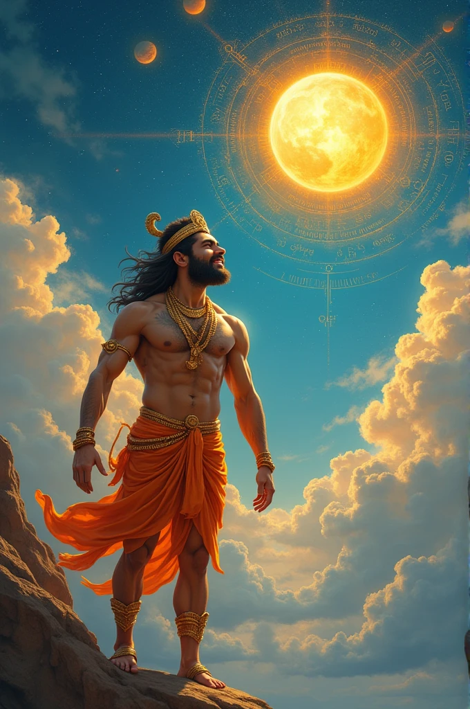 Create an image depicting a scene from the Hanuman Chalisa where Hanumanji perceives the Sun as a sweet fruit. Include an ancient script or mathematical symbols in the background.