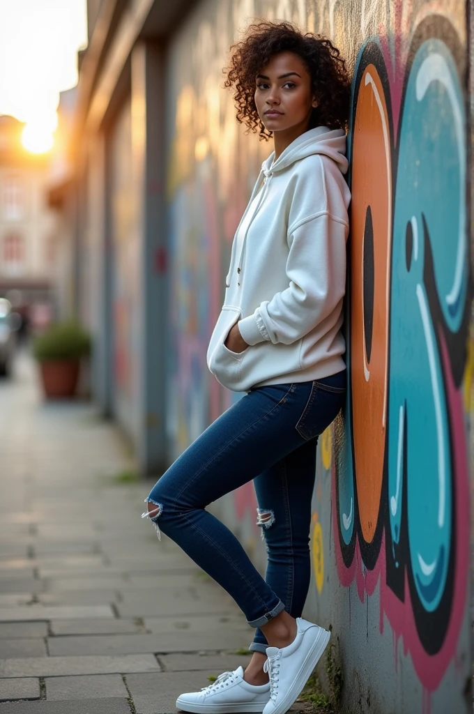 A woman who is 1 meter and 60 cm tall, wearing dark blue tight jeans, white sneakers and a white hooded t-shirt.