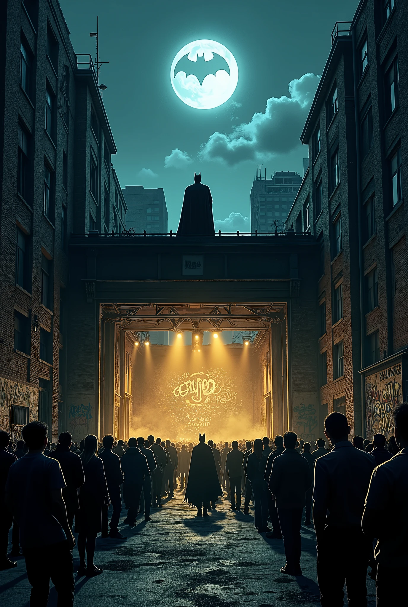Generate a comic book image for the following description: Gotham City is shrouded in darkness, with the Bat-Signal illuminating the sky. The streets are empty, but there's a buzz in the air. A crowd gathers in an abandoned warehouse, where a makeshift stage is set up. The atmosphere is electric. 8k, hd, comic book-style.