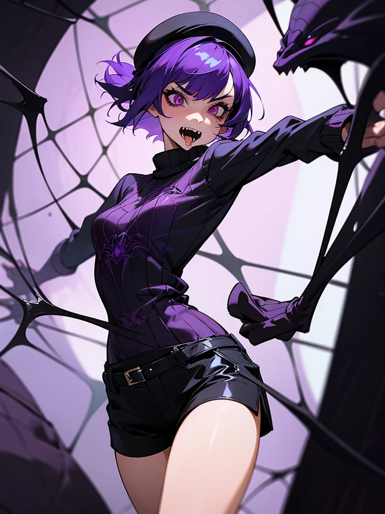 Girl with short purple hair, with a black beret, dressed in a short sweater and shorts with a spiderweb design, with an intimidating face and fangs, and her location is in an attic holding a spider 