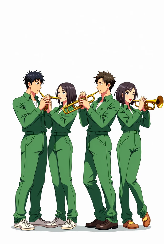 Two men and women in green long-sleeved casual jumpsuits playing the trumpet
Anime style please
White background