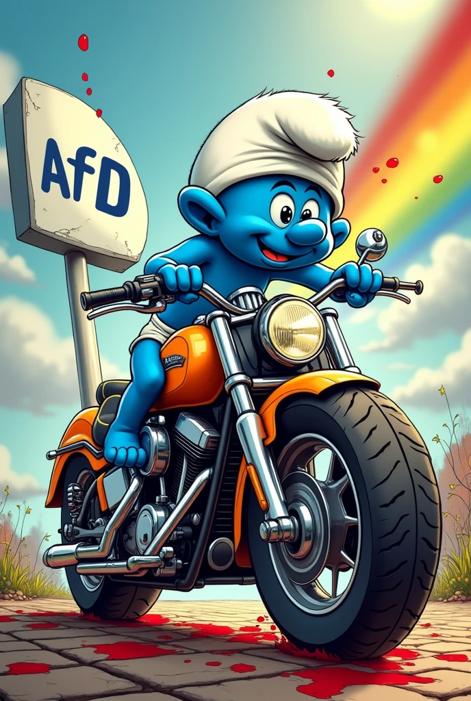 A Smurf, who is sitting on a motorcycle and vomiting on the AfD logo
