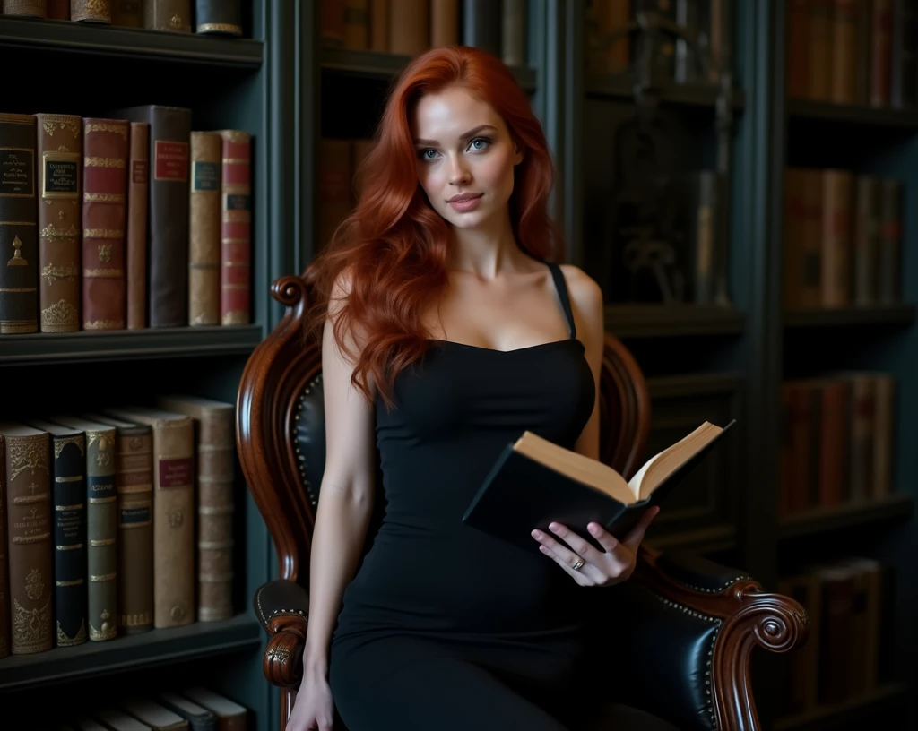 full body photo, beautiful redhead, 25 years old, hourglass body type, wearing a black pencil dress, black Christian Louboutin shoes, she is reading a book and is sitting in a beautiful chair in an old library, ultra realistic photography, studio photography, 32k, ultra quality